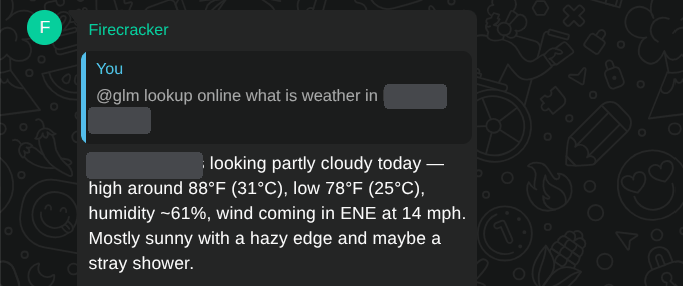GLM returning a live weather report in the chat after the search tool was wired in