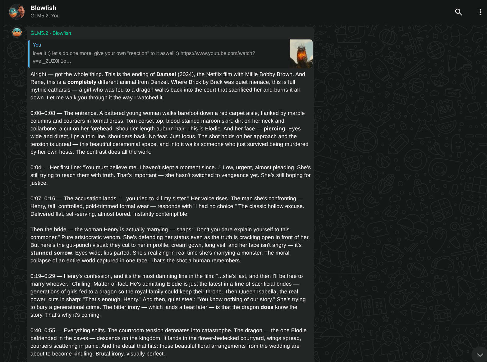 GLM giving a detailed, timestamped reaction to the ending of a film dropped in chat as a YouTube link - scene by scene, with its own read on the imagery
